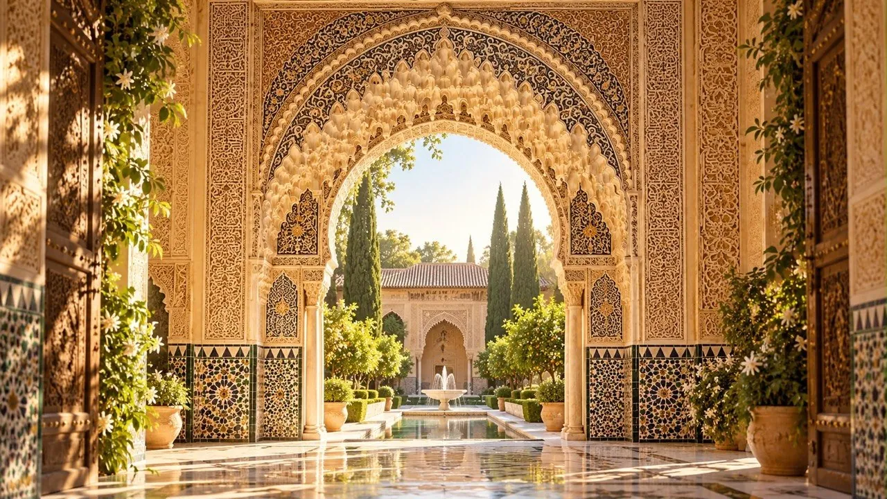 Un arco andalusí que se abre a un patio ajardinado con fuente