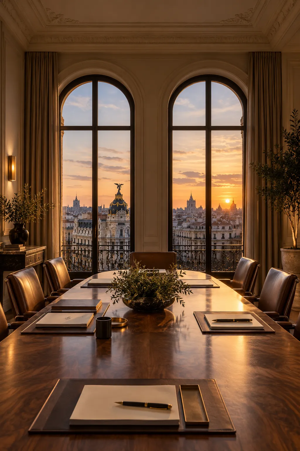 Una sala de juntas con ventanas en arco sobre Madrid al atardecer