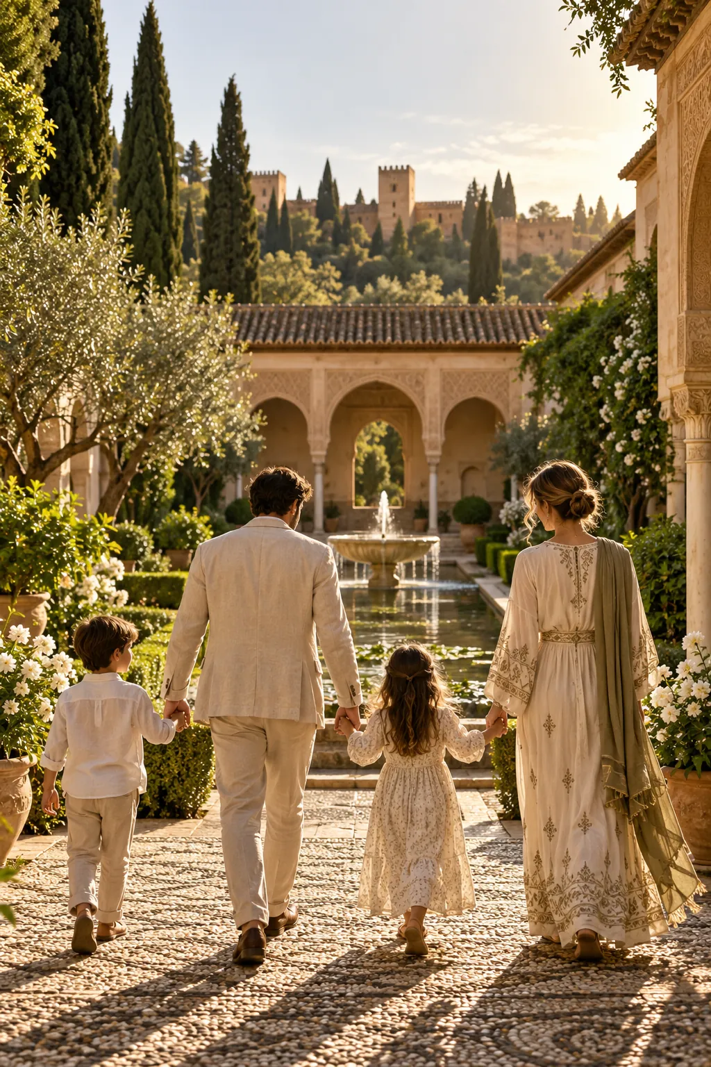 Una familia paseando de la mano por un patio ajardinado