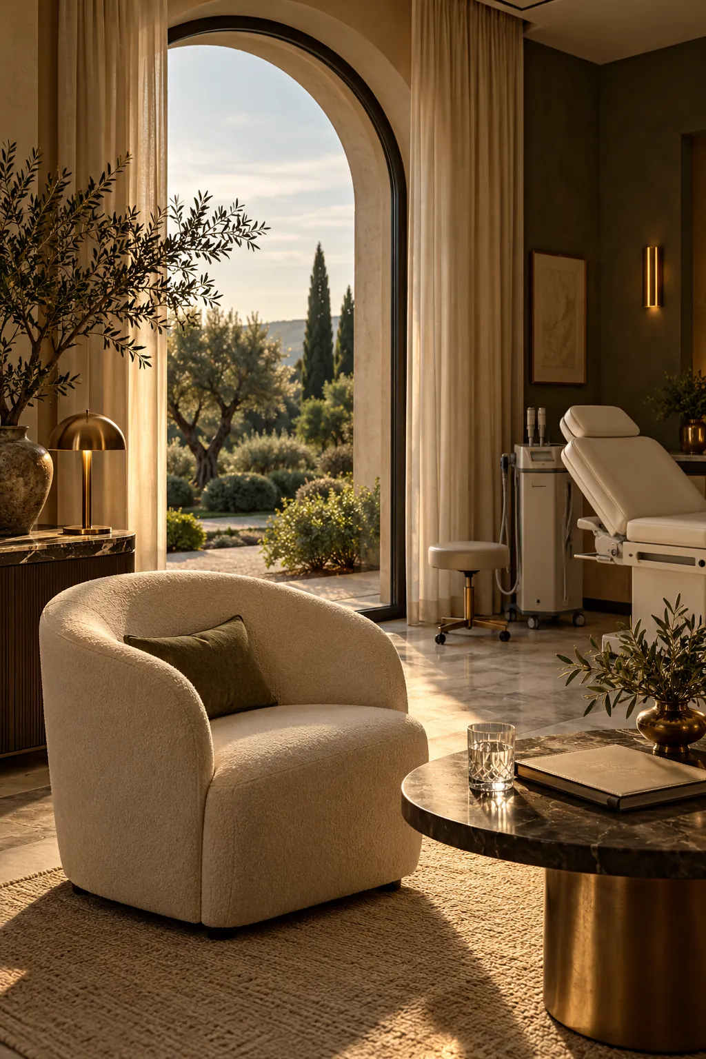 Una suite médica privada con una ventana en arco que da a un jardín