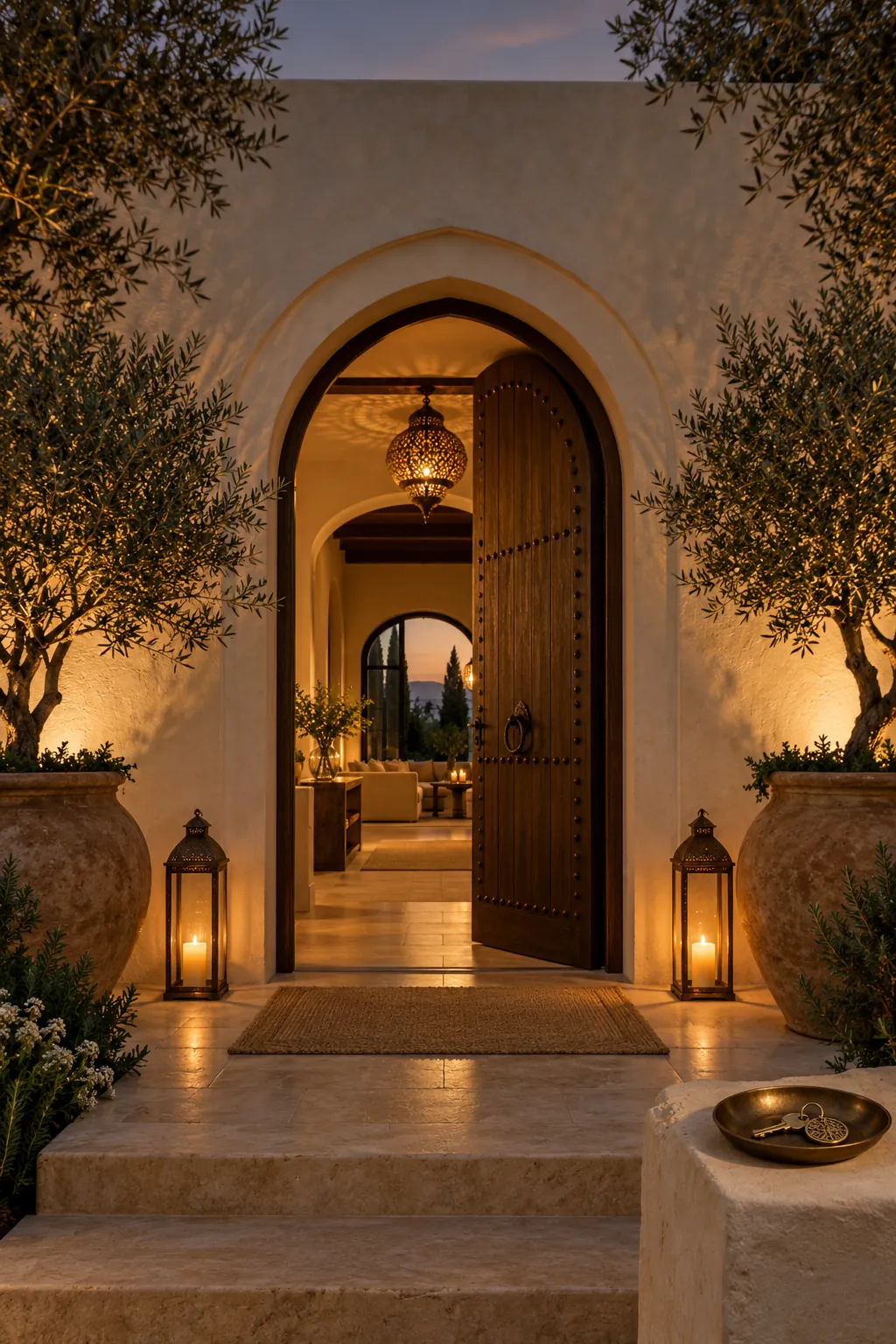 La puerta abierta de una villa, iluminada para la llegada