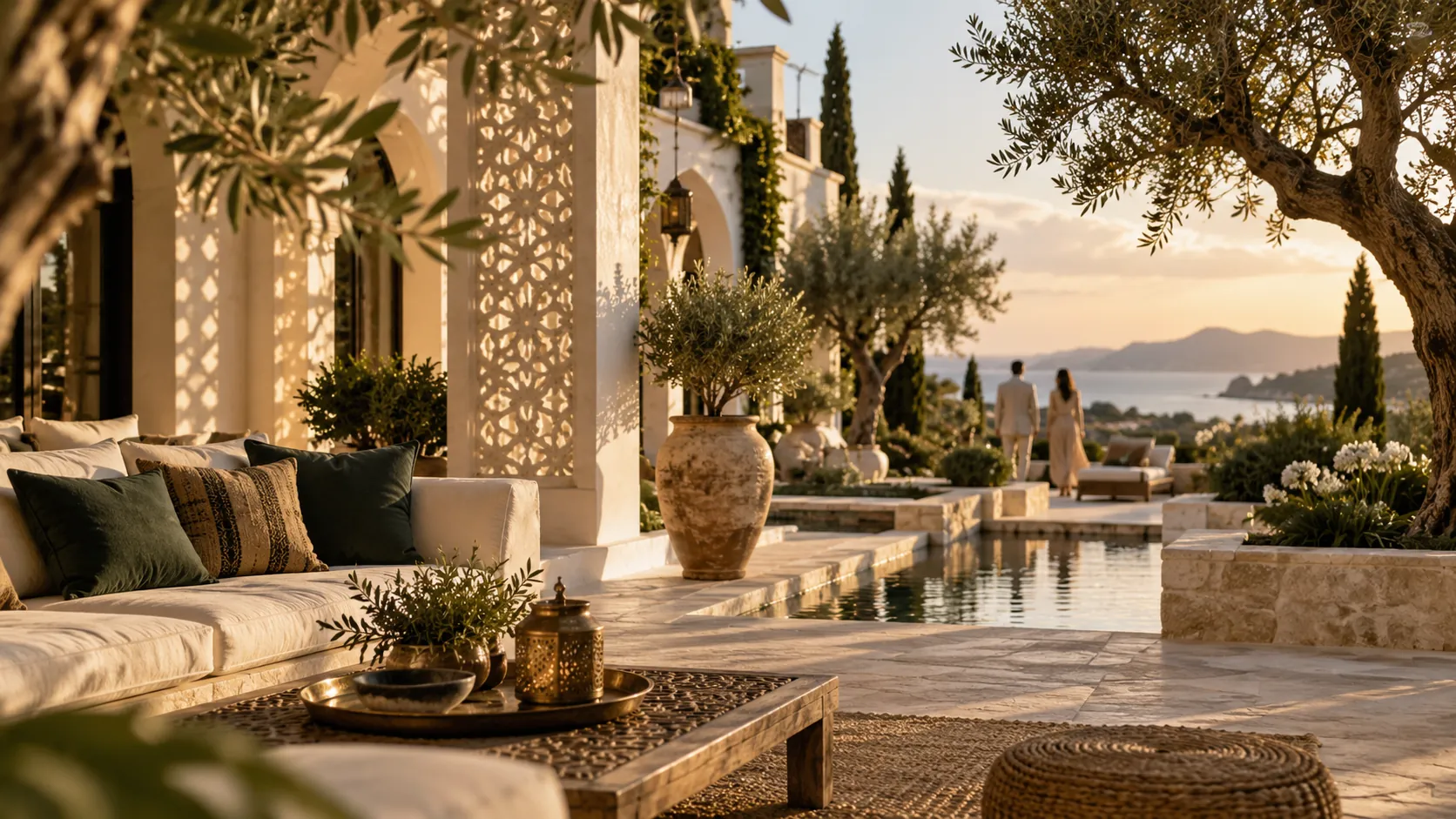 Una terraza a la sombra con olivos y piscina
