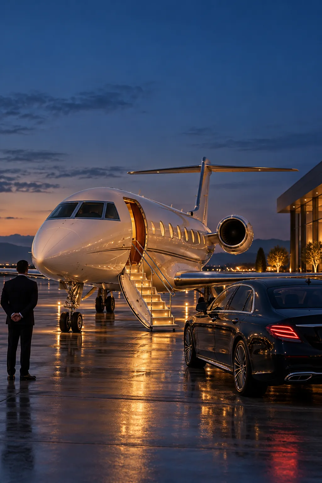 Un avión privado y un coche esperando en una terminal de aviación privada