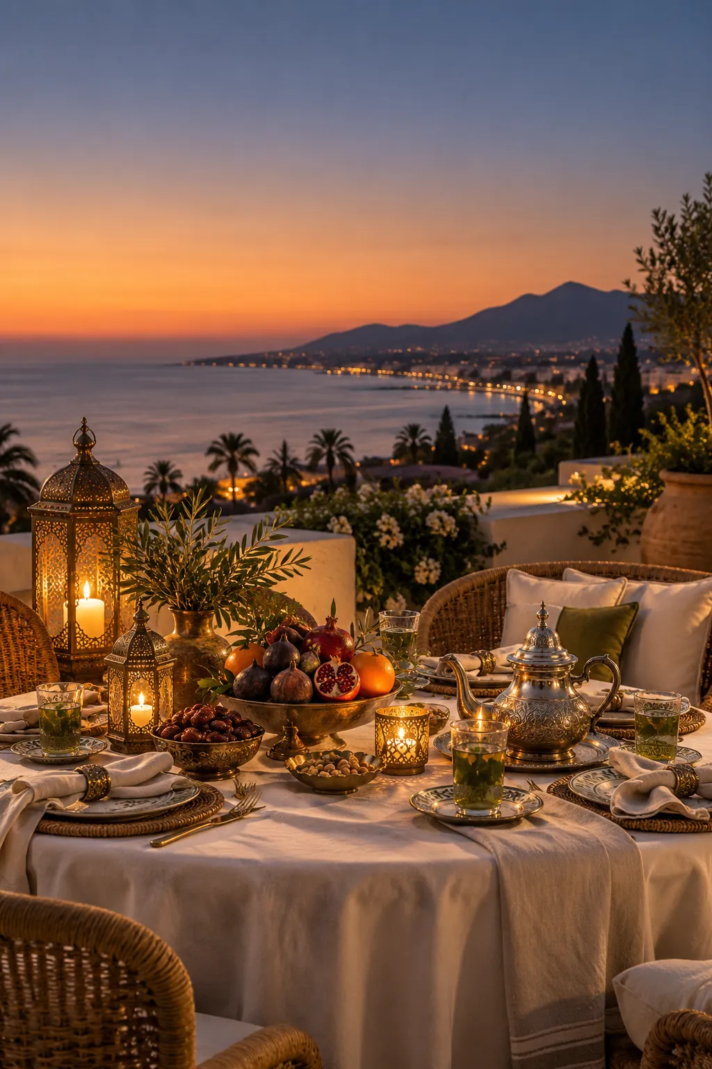 Una mesa para una cena privada en una terraza sobre el mar al atardecer