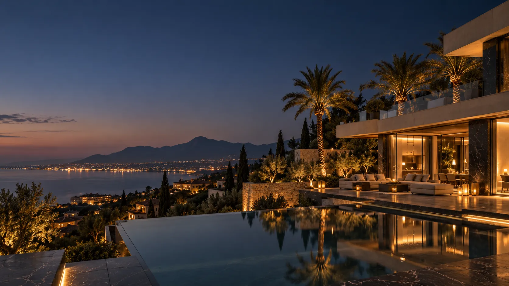 La terraza de una villa frente a la costa al anochecer
